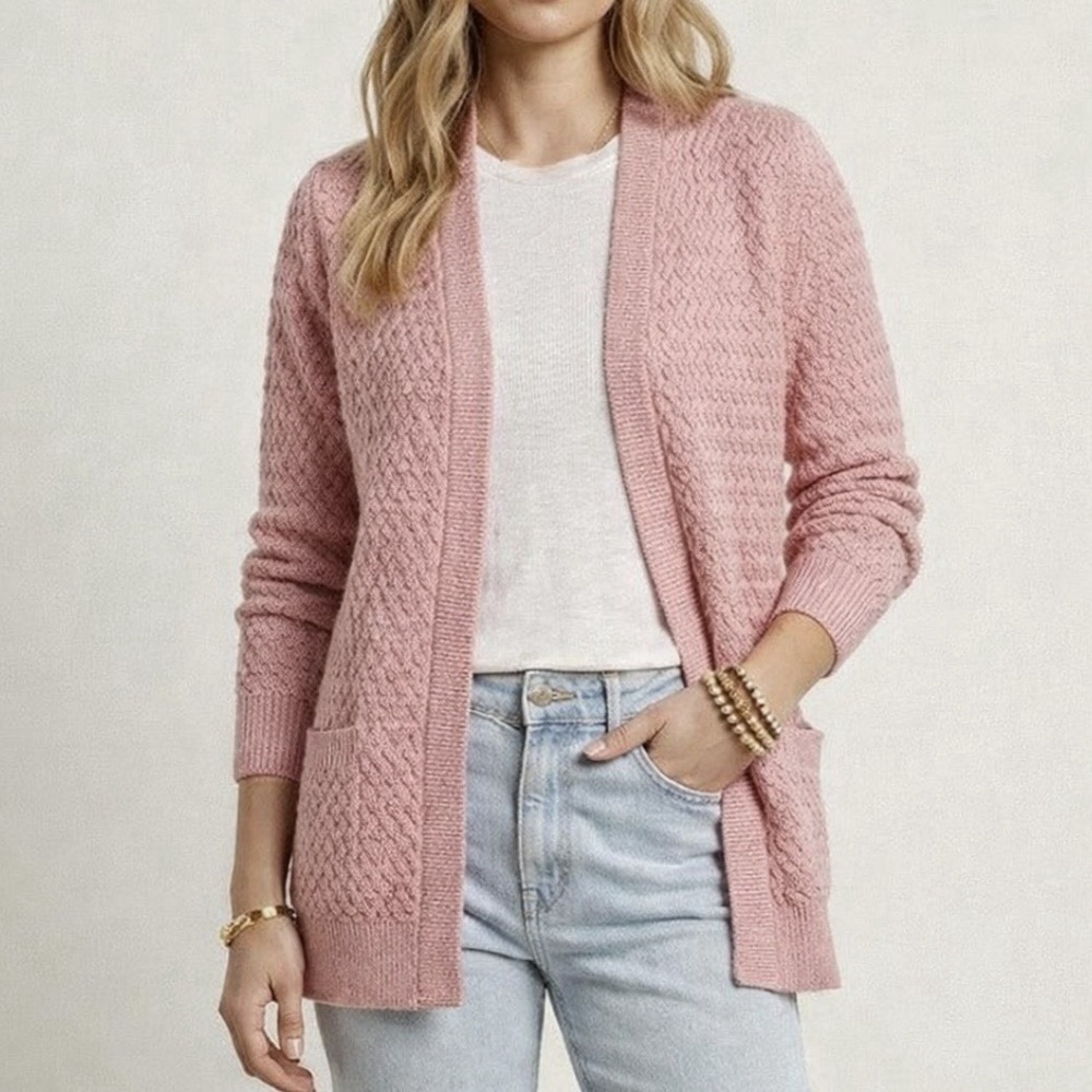 LL Bean Pink Basketweave Open Front Cardigan Sweater Pockets LARGE PETITE